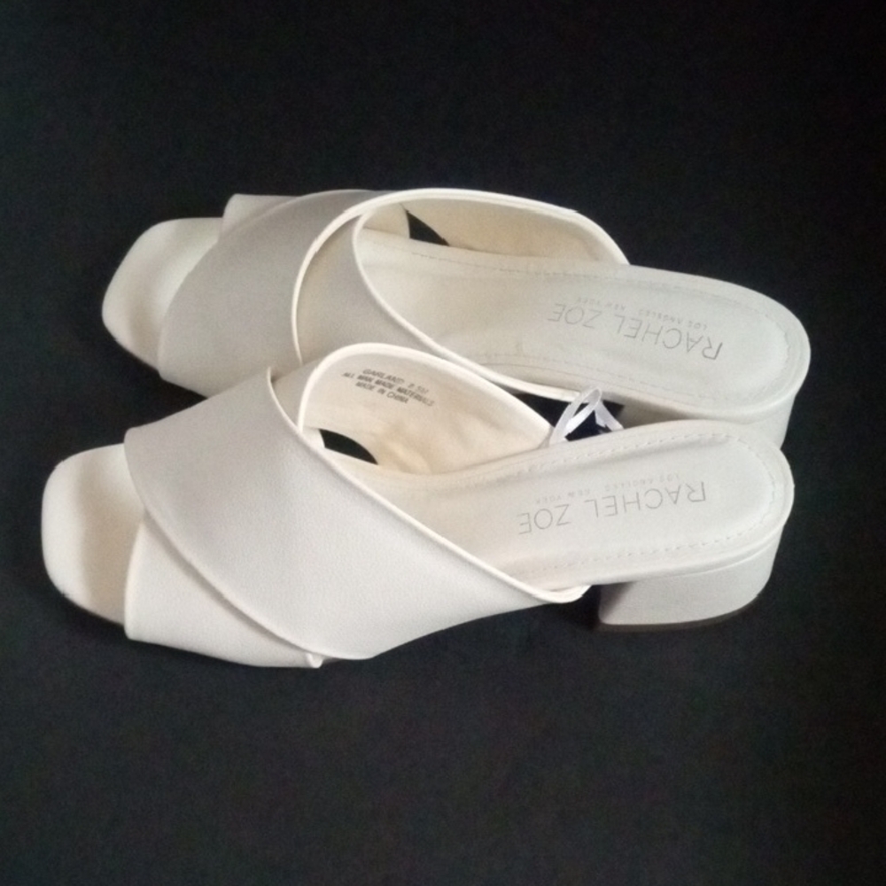 Rachel Zoe Cream White Cross Strap Block Heel Mules 8.5M - Picture 3 of 10